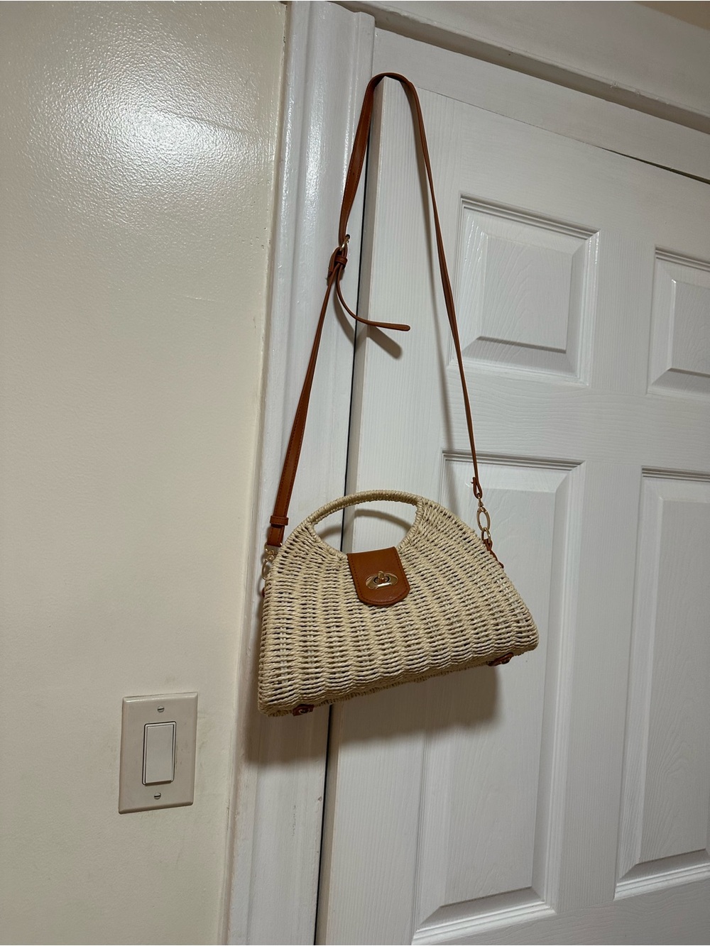 Woven Straw Top-Handle Bag with Brown Leather Trim - Picture 6 of 6